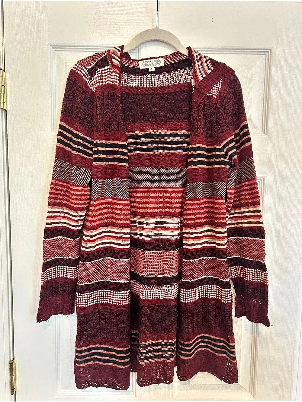 Pink Rose Striped Knit Cardigan in Burgundy & Pink Size Medium